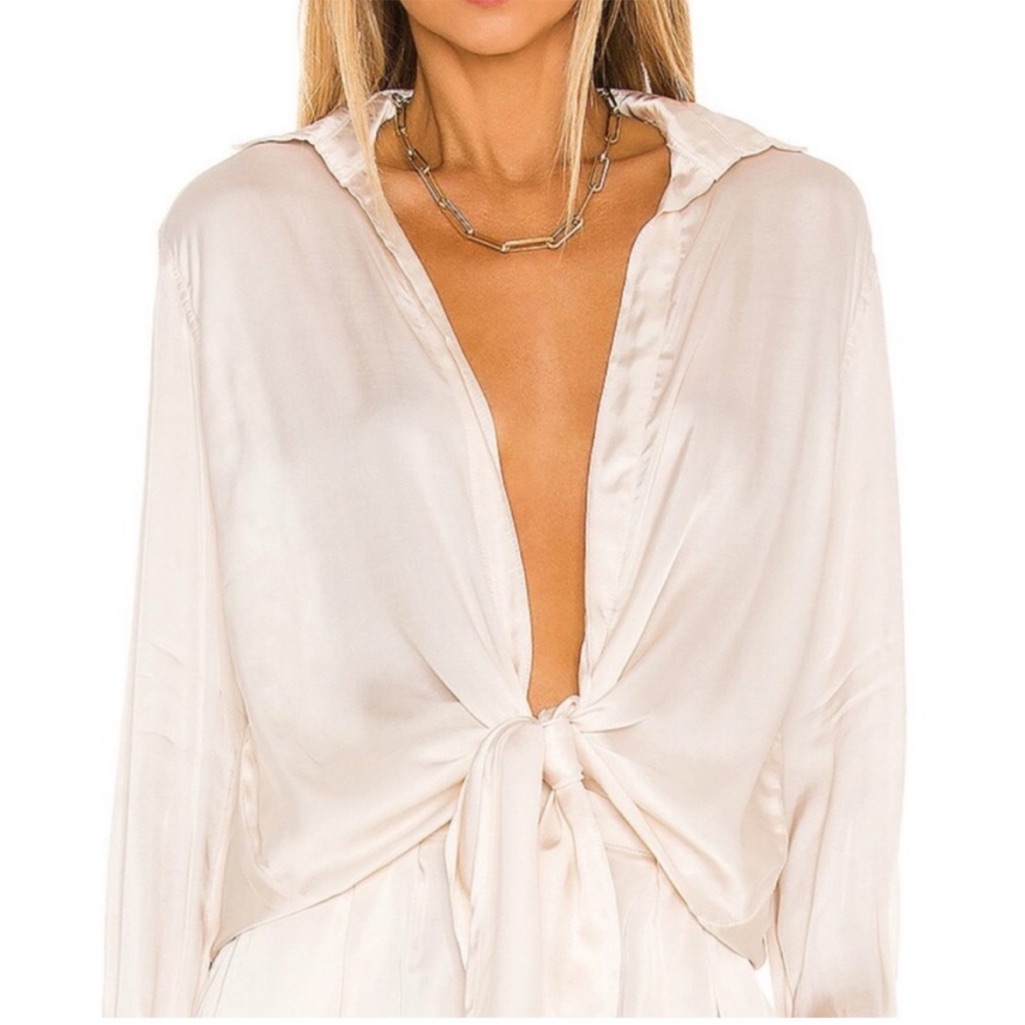 Indah Tilda Long Sleeve Shirt In Opal Cream Tie Front Satin V Neck Size Xs